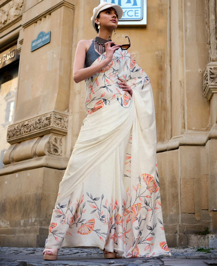 Dawn white Printed Satin Crepe Saree - PAHRAVA