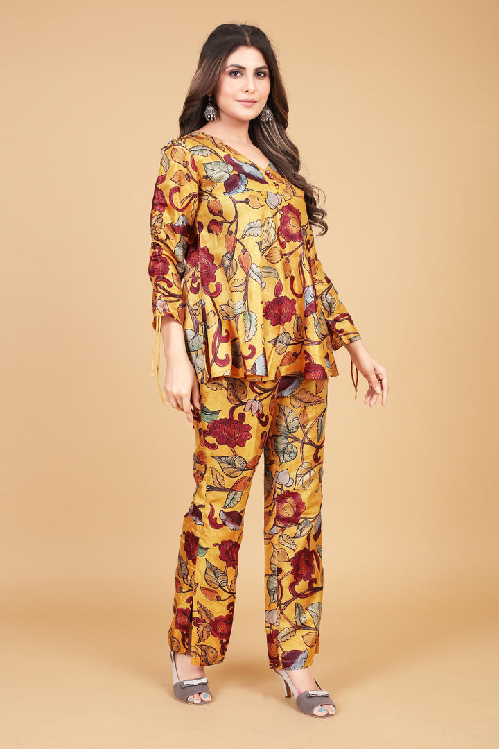 Yellow Poly Silk Kalamkari Co-ord Set - PAHRAVA