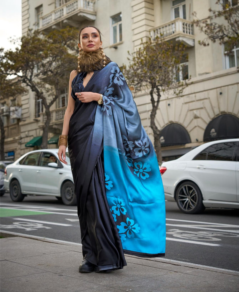 Black With Blue Printed Satin Crepe Saree - PAHRAVA