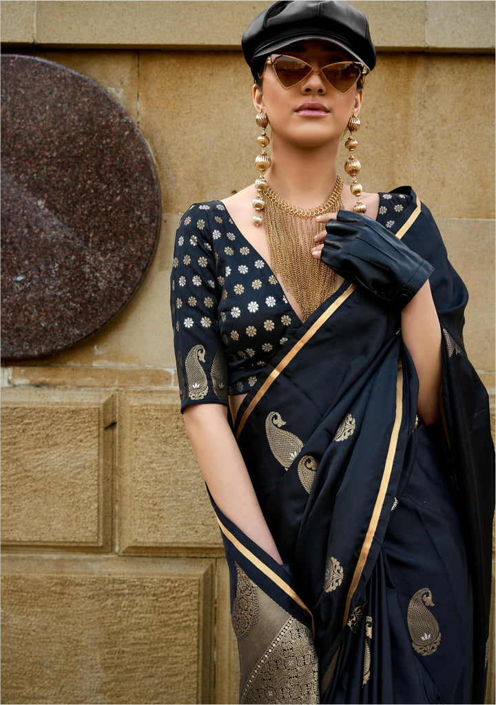 Jet Black Pure Satin Weaving Silk Saree - PAHRAVA