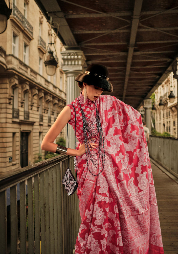 Hot Pink Organza Chikankari Zari Lucknowi Handloom Weaving Saree - PAHRAVA