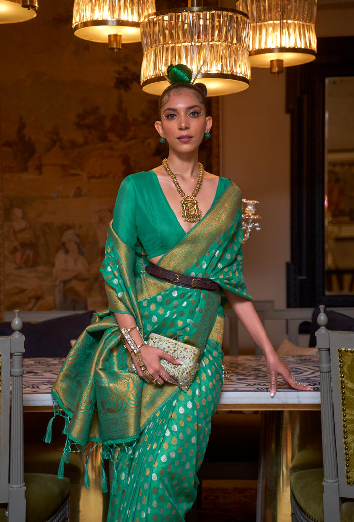 Persian Green Pure Khadi Copper Zari Weaving Saree - PAHRAVA