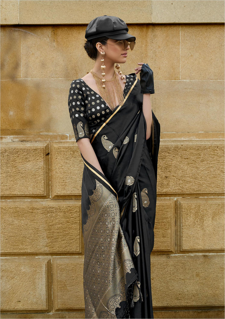 Jet Black Pure Satin Weaving Silk Saree - PAHRAVA