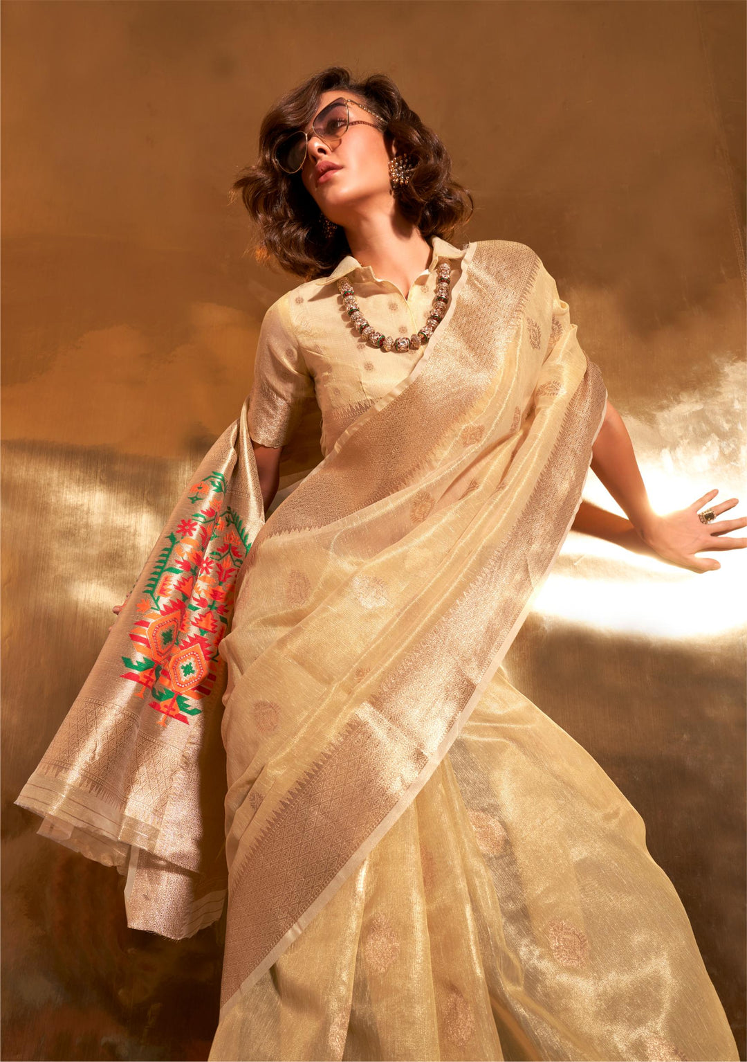 Yellowish Orange Paithani Zari Tissue Saree - PAHRAVA