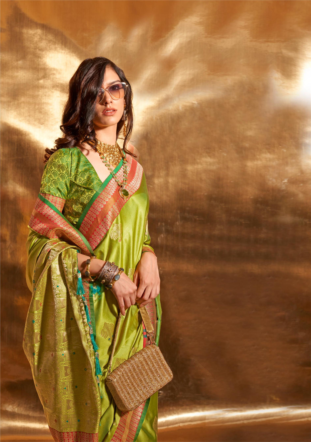 Parrot Green Pure Satin Chaap Handloom Weaving Silk Saree - PAHRAVA