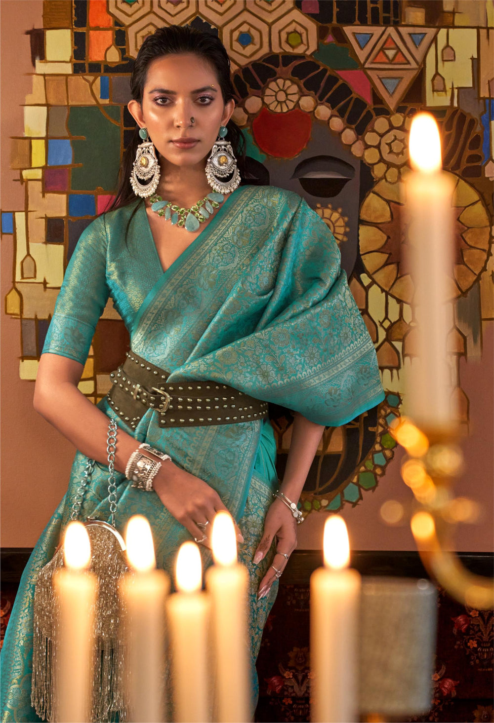 Teal Green Multi Zari Handloom Silk Saree - PAHRAVA