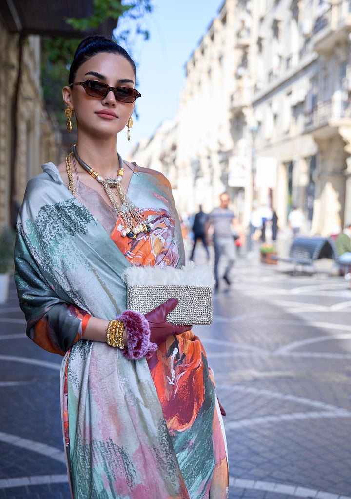 Salmon Orange With Blue Digital Print Satin Crepe Saree - PAHRAVA