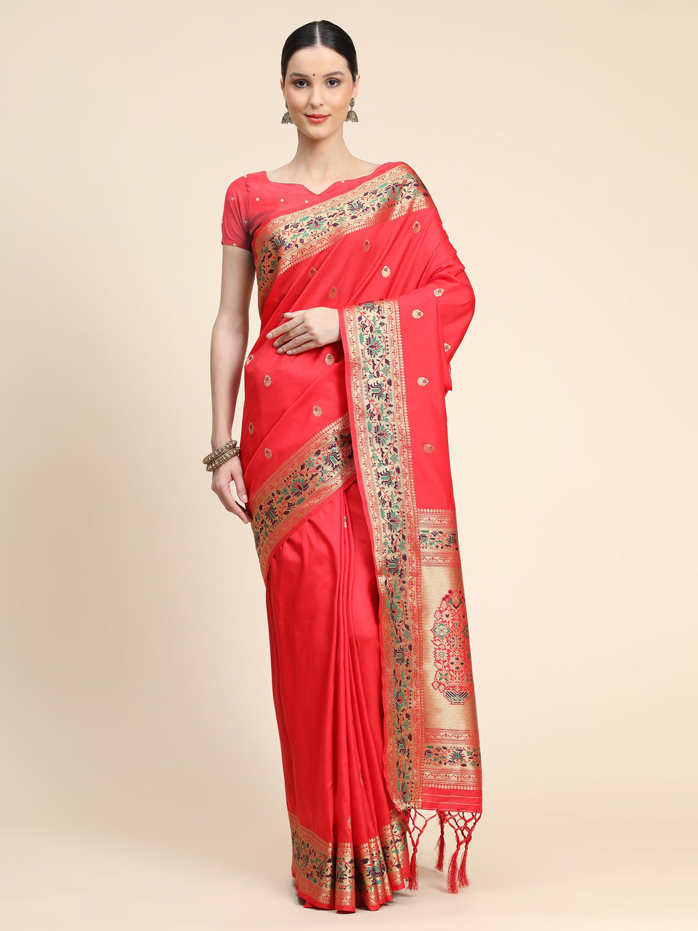 Ruby Red Paithani Soft Silk Saree - PAHRAVA