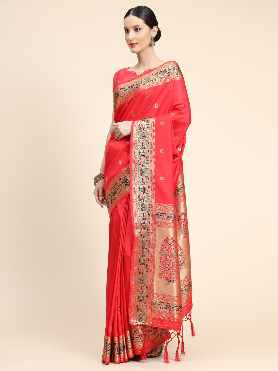 Ruby Red Paithani Soft Silk Saree - PAHRAVA