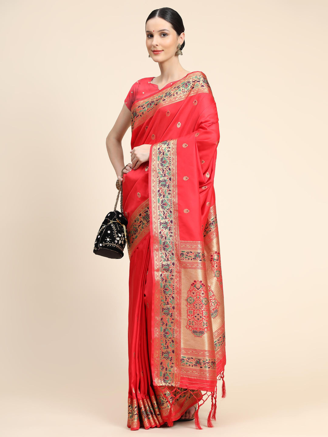 Ruby Red Paithani Soft Silk Saree - PAHRAVA