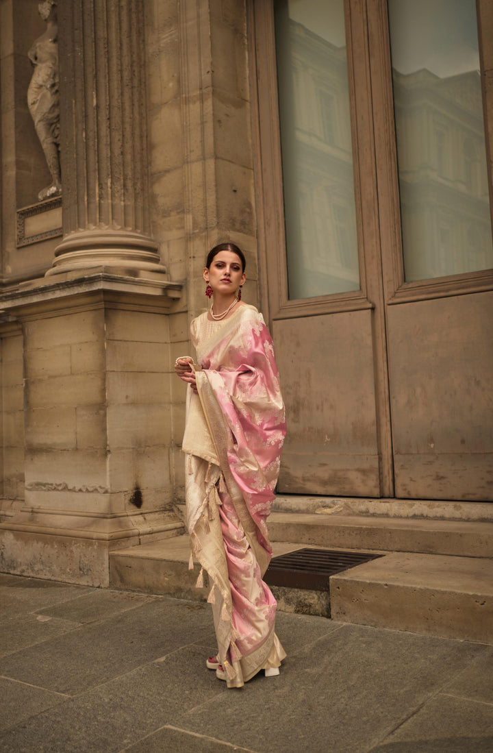 Blush Pink Satin Handloom Weaving Silk Saree - PAHRAVA