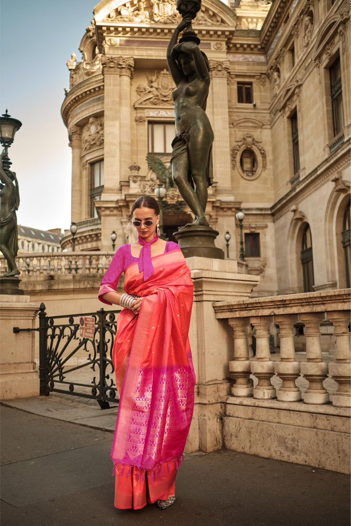 Pastel Red Handloom Weaving Soft Silk Saree - PAHRAVA