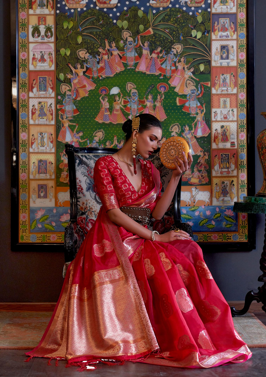 Bright Red Handloom Organza Saree with Sequins - PAHRAVA