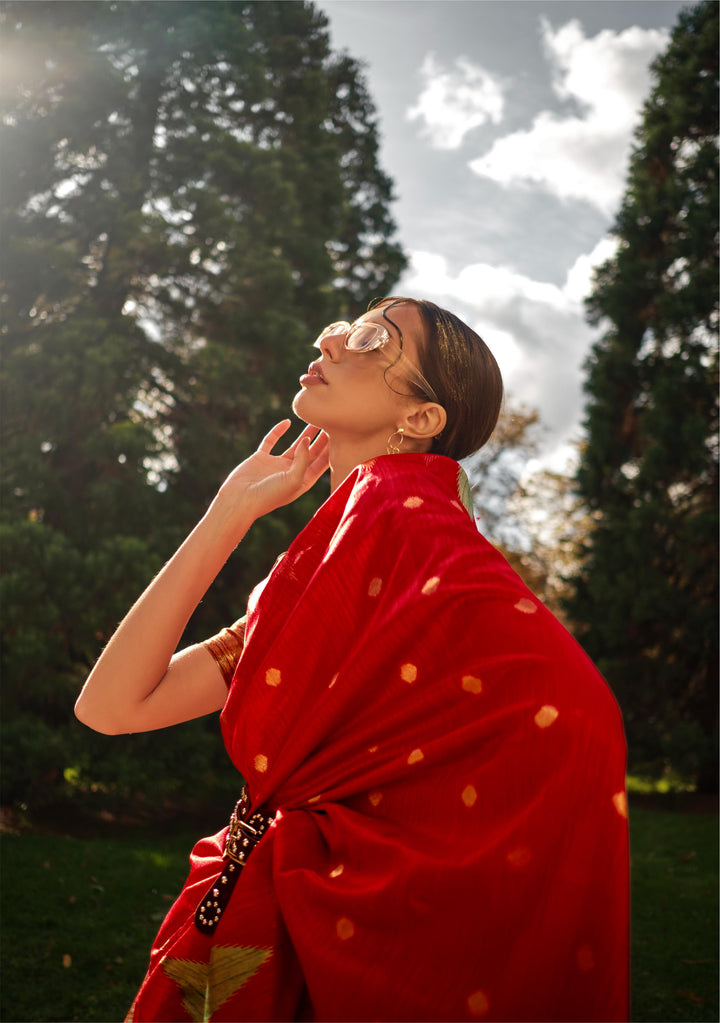 Bold Red Handloom Weaving Khadi Silk Saree - PAHRAVA