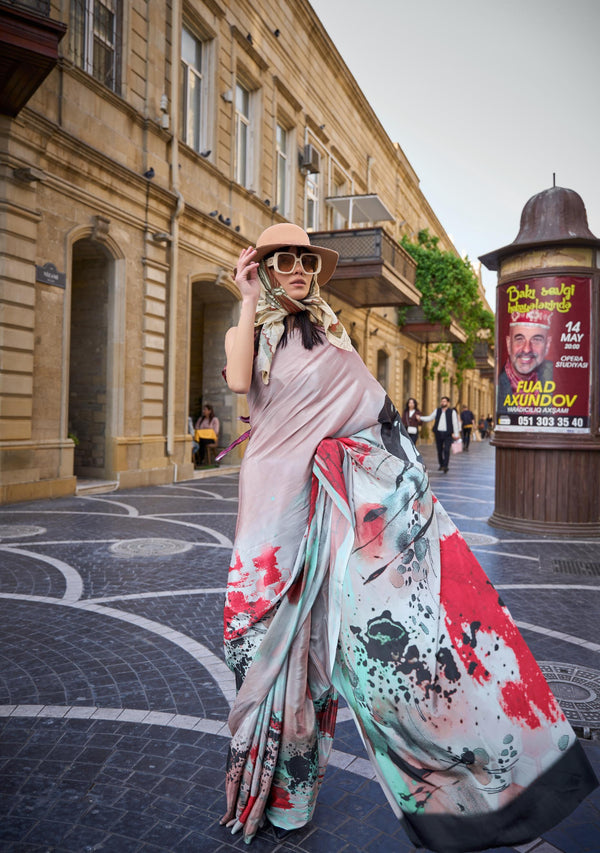 Soft Pink With Red Pure Silk Crepe Digital Print Saree - PAHRAVA