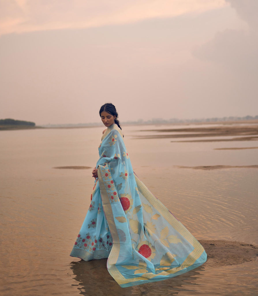 Moonstone Blue Pure Linen Silk Saree - PAHRAVA