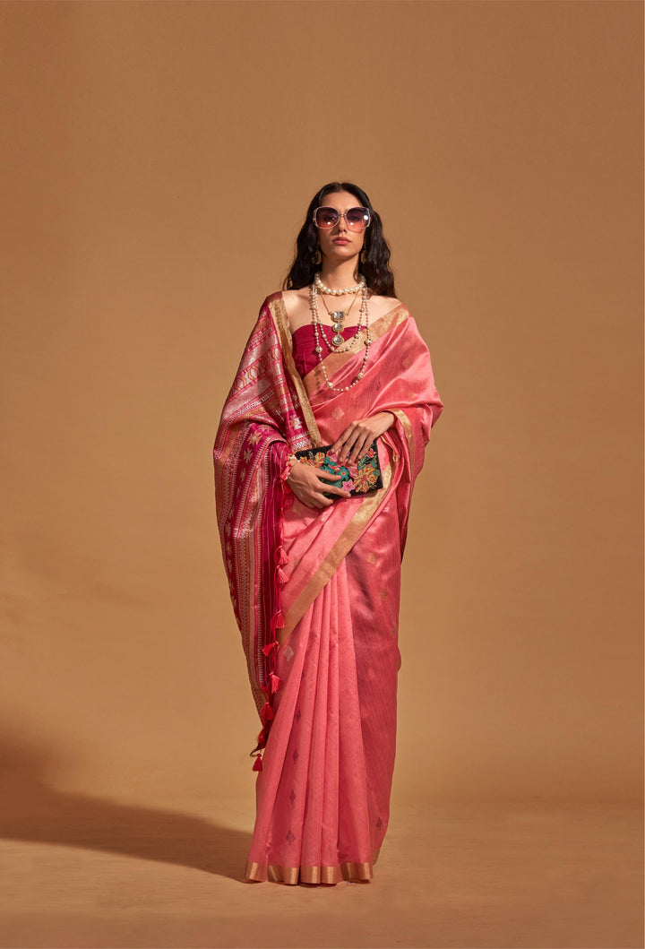 Rose Pink Handloom Weaving Silk Saree - PAHRAVA