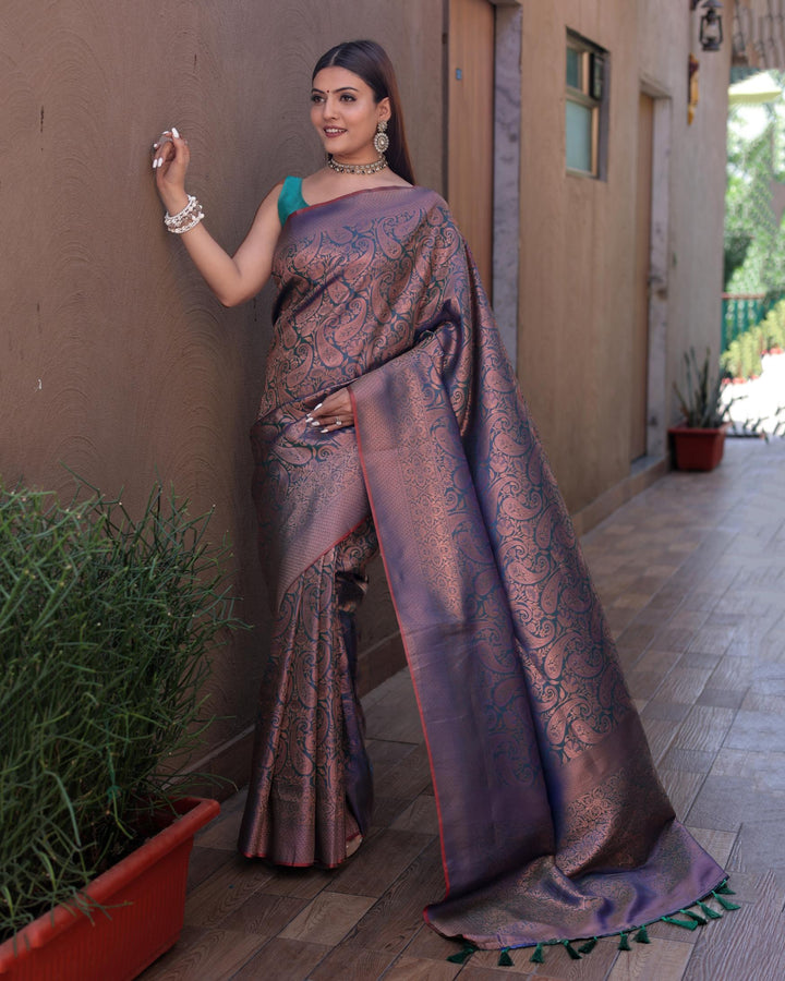 Silver Grey kanjivaram zari work silk saree - PAHRAVA