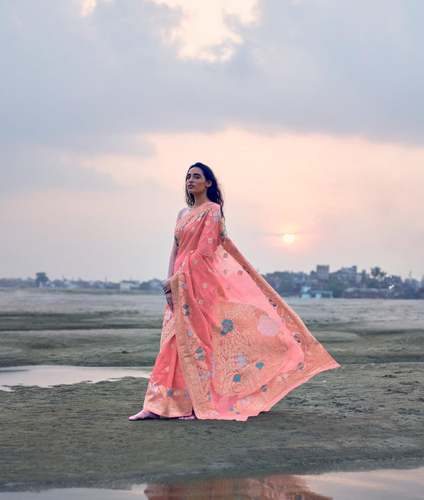 Rose Pink Pure Linen Silk Saree - PAHRAVA