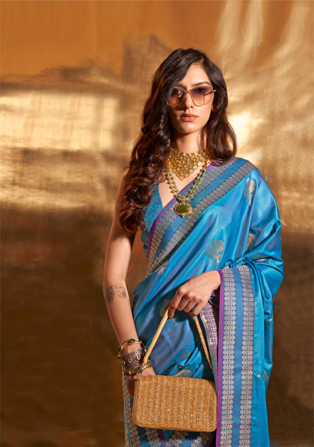 Cyan Blue Pure Satin Chaap Handloom Weaving Silk Saree - PAHRAVA