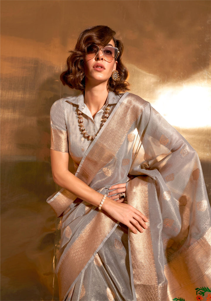 Silver Grey Paithani Zari Tissue Saree - PAHRAVA