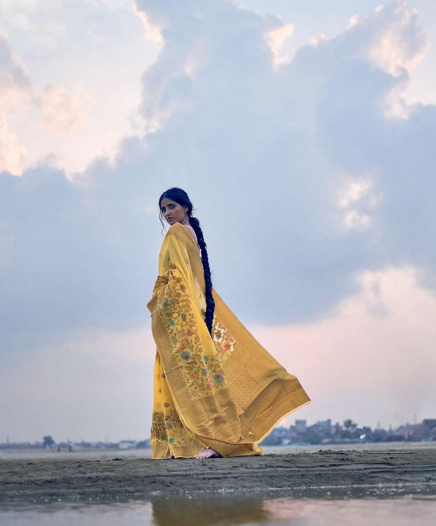 Mustard Yellow Pure Linen Silk Saree - PAHRAVA