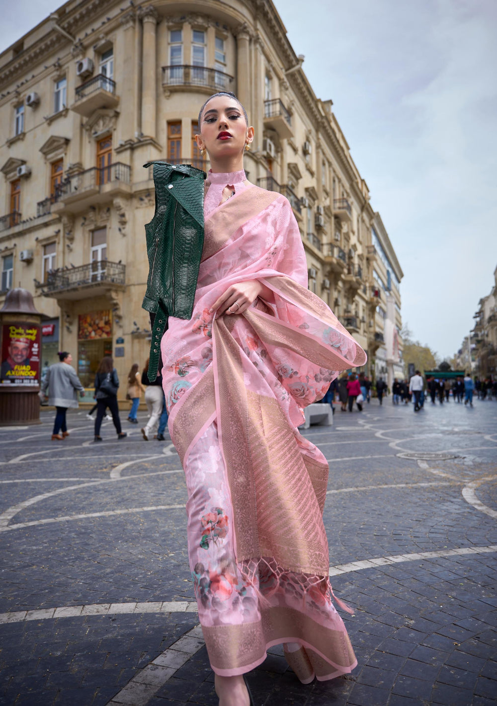 Light Pink Printed Poly Brasso Handloom Weaving Saree - PAHRAVA