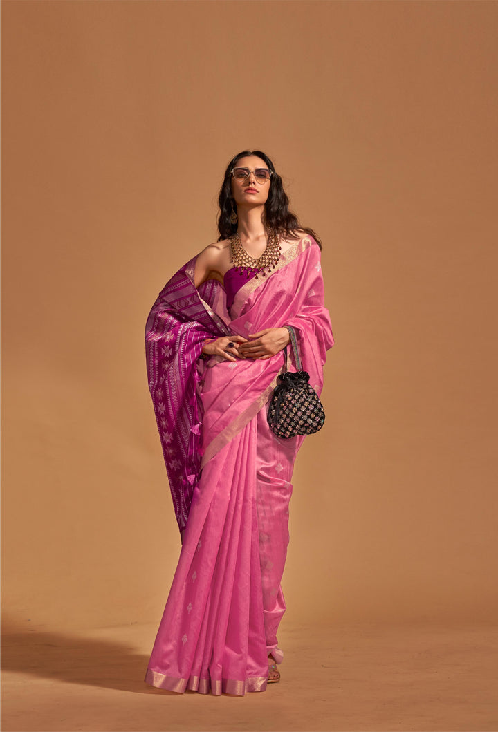 Rosy Pink Handloom Weaving Silk Saree - PAHRAVA