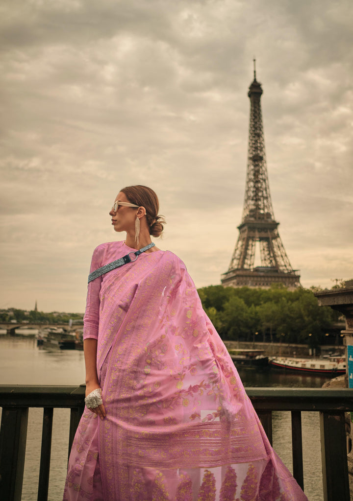 Sweet Pink Kashmiri Organza Handloom Weaving Saree - PAHRAVA