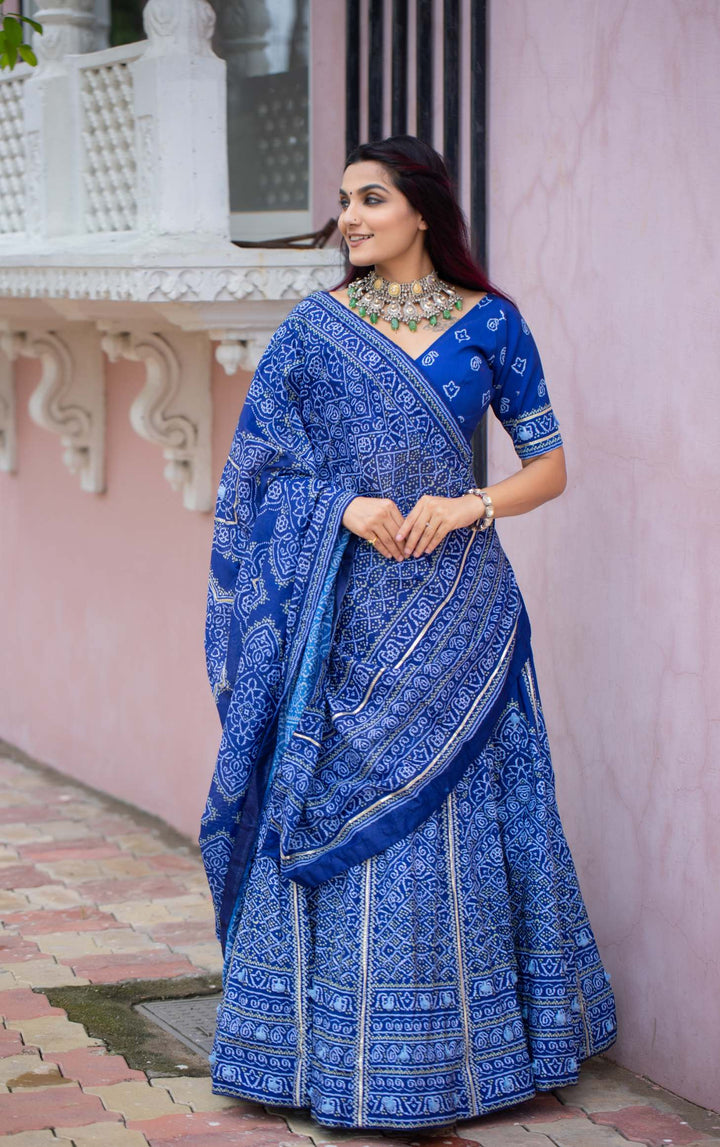 Navy Blue Bandhani Printed Lehenga Set - PAHRAVA