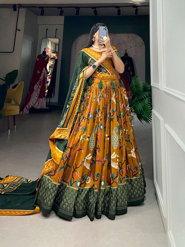 Mustard Yellow Dola Silk Printed Lehenga Choli - PAHRAVA