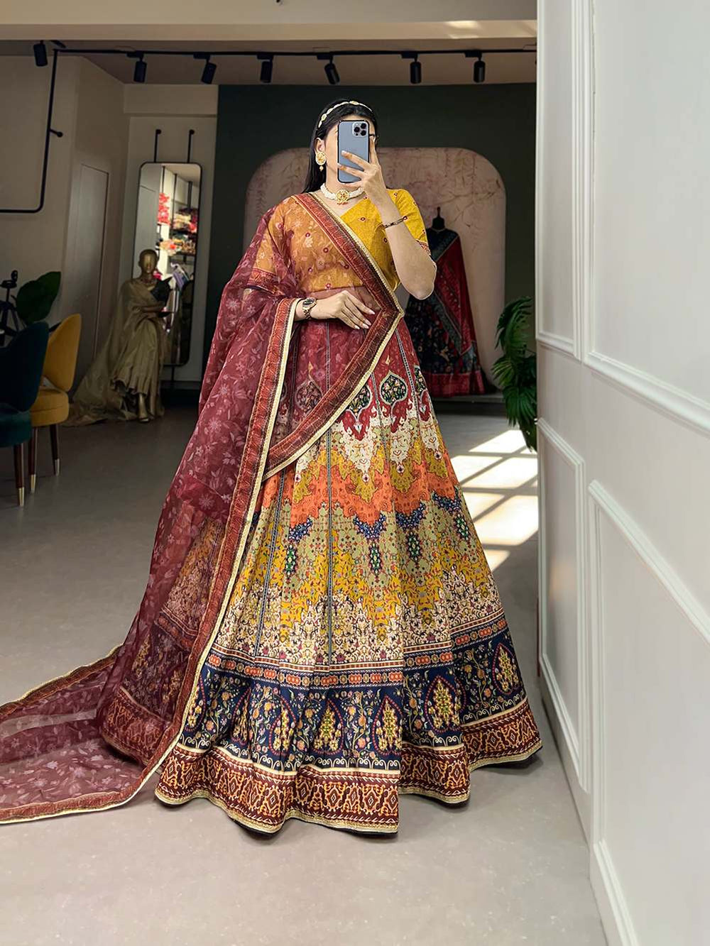 Mustard yellow designer lehenga with organza dupatta - PAHRAVA