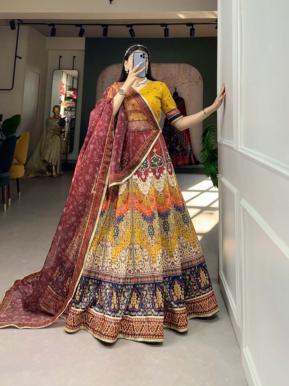 Mustard yellow designer lehenga with organza dupatta - PAHRAVA