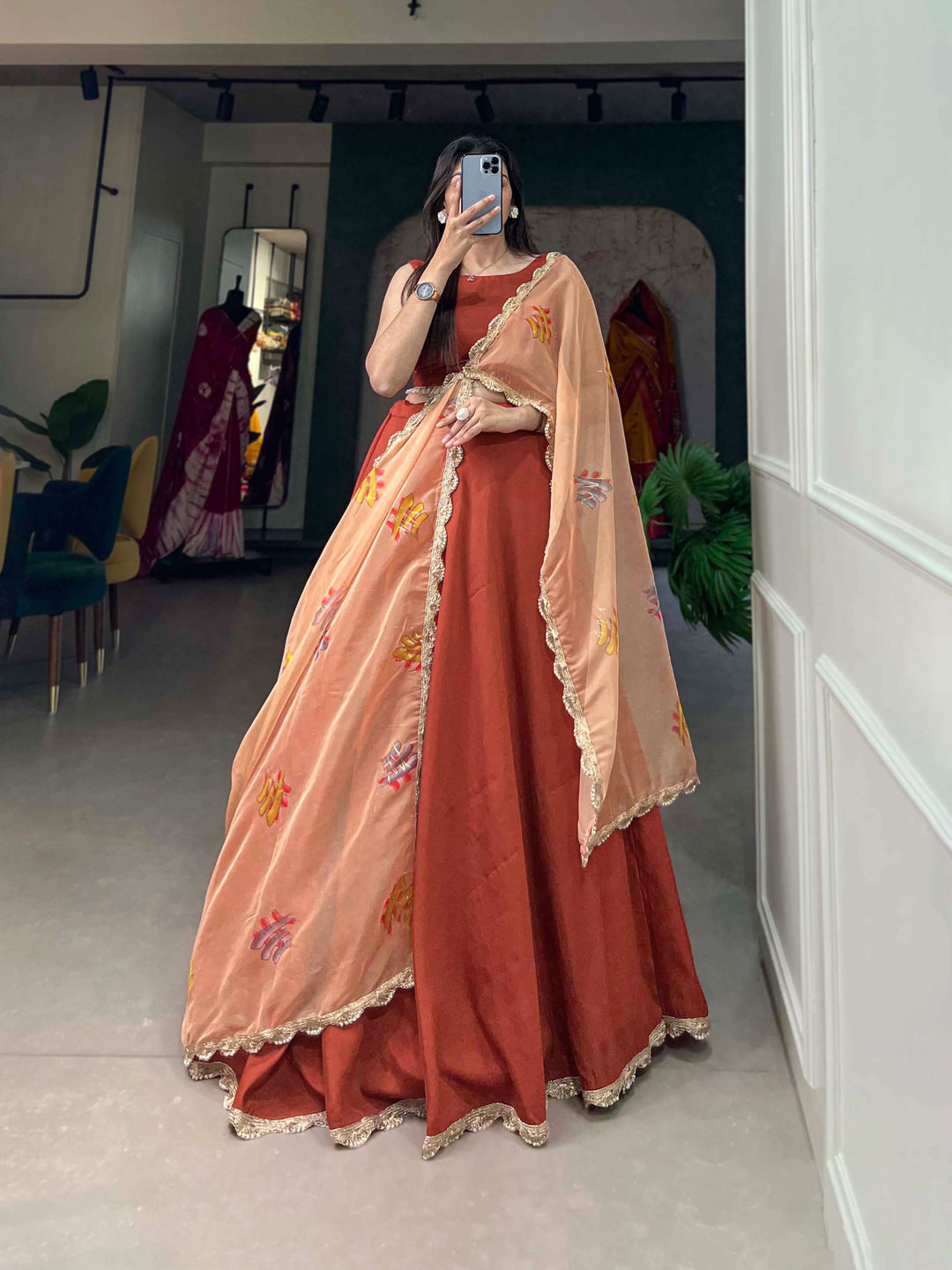 Plain red lehenga set with peach organza dupatta - PAHRAVA