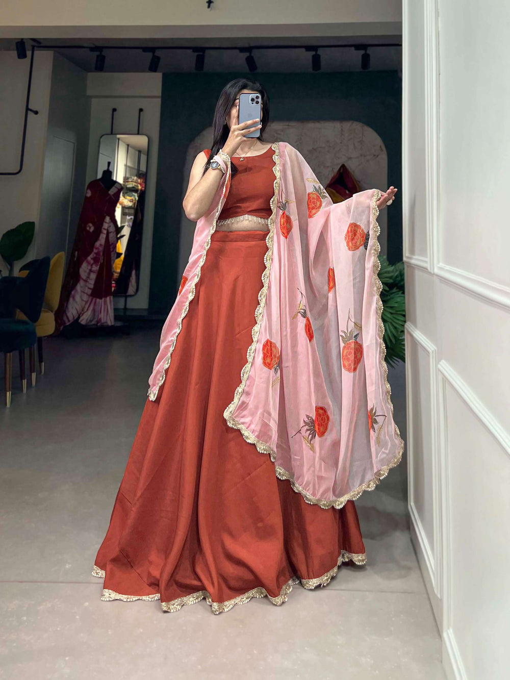 Plain red lehenga set with pink organza dupatta - PAHRAVA