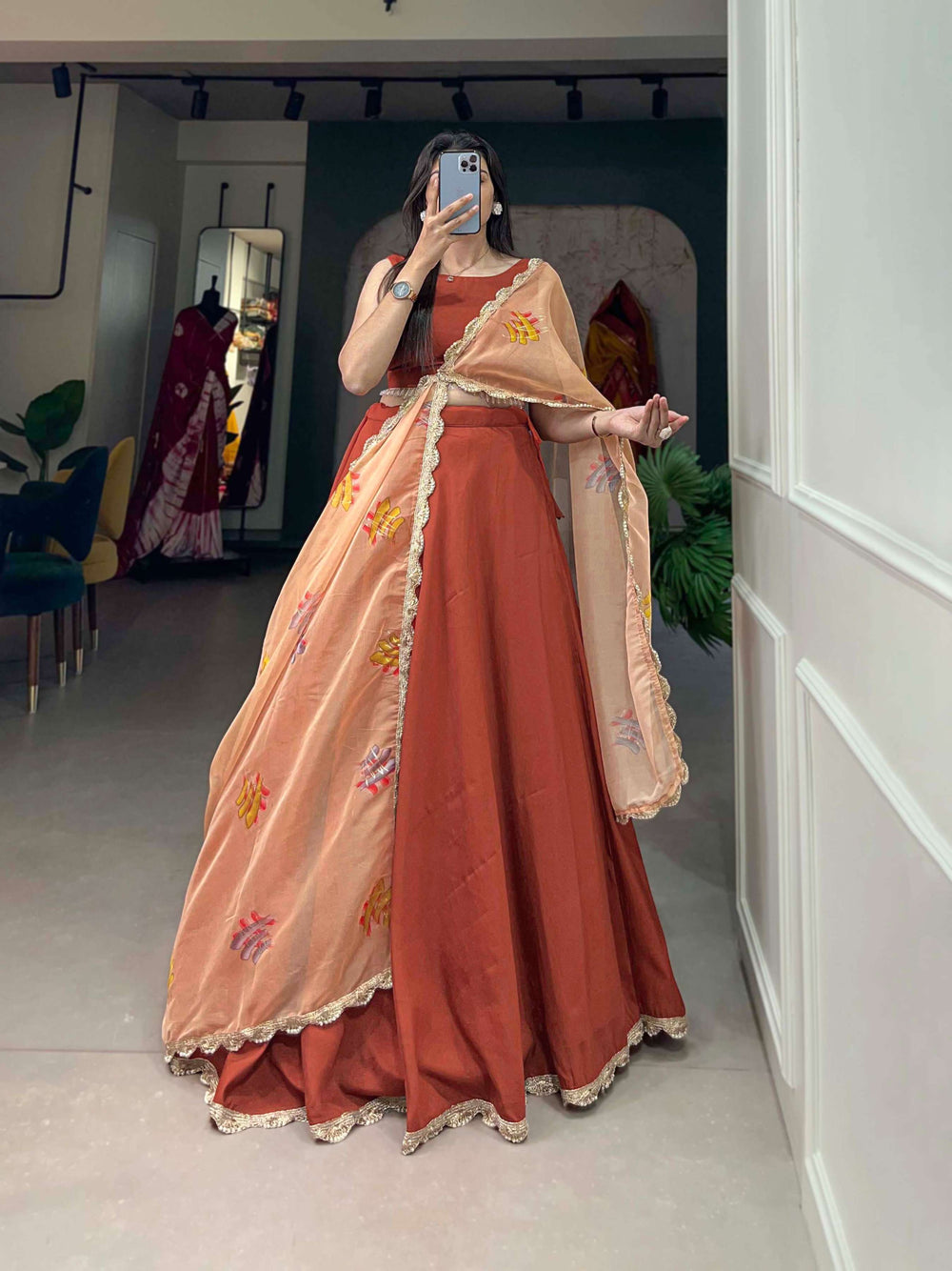 Plain red lehenga set with peach organza dupatta - PAHRAVA