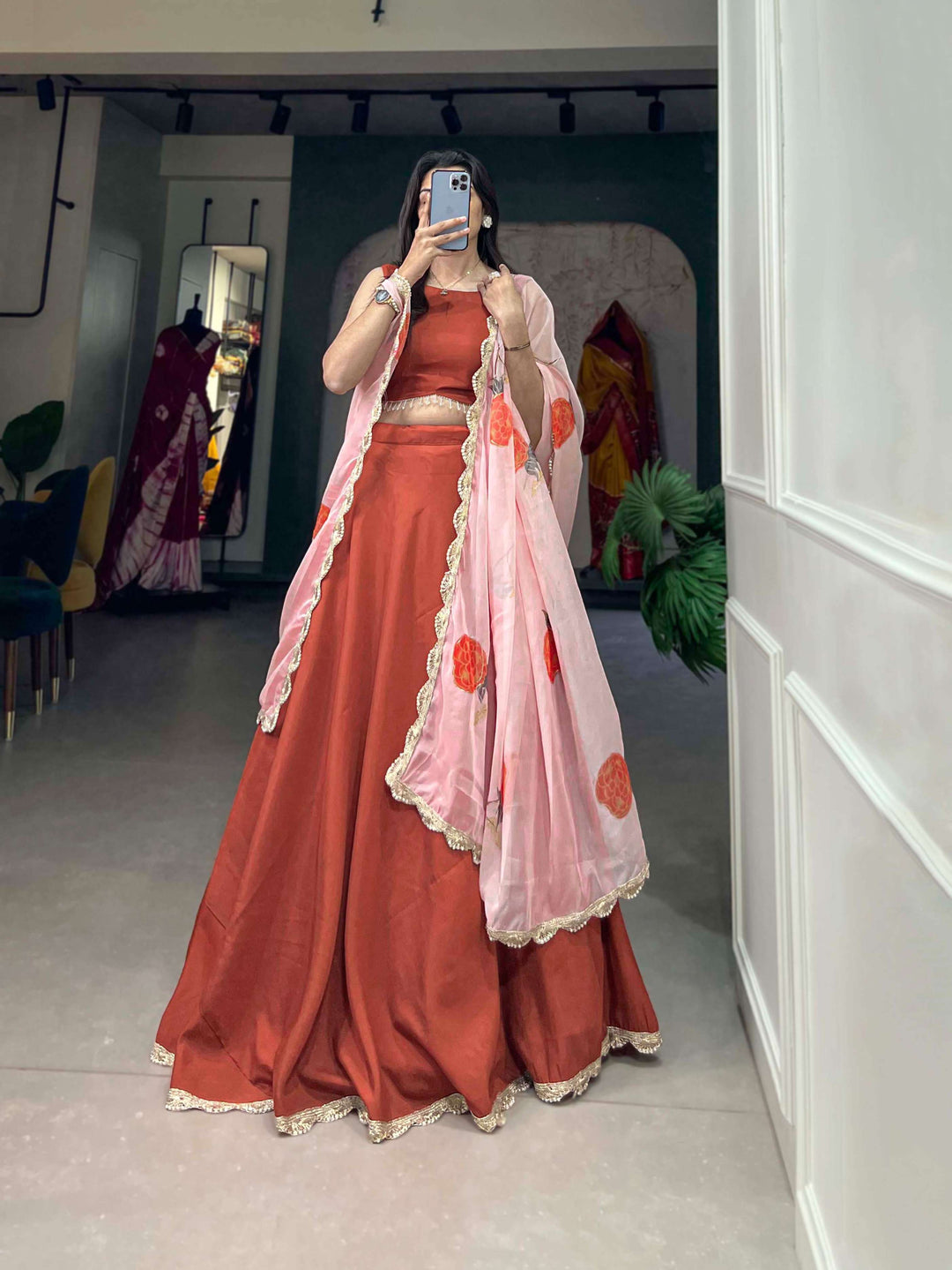 Plain red lehenga set with pink organza dupatta - PAHRAVA