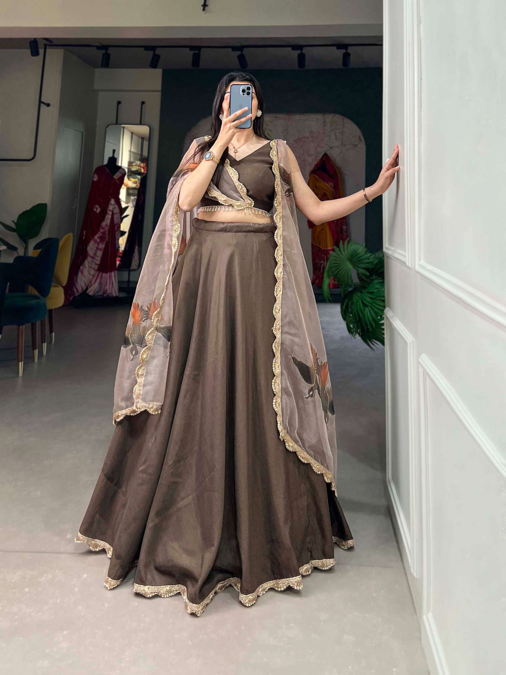 Plain pastel brown lehenga set with pink organza dupatta - PAHRAVA