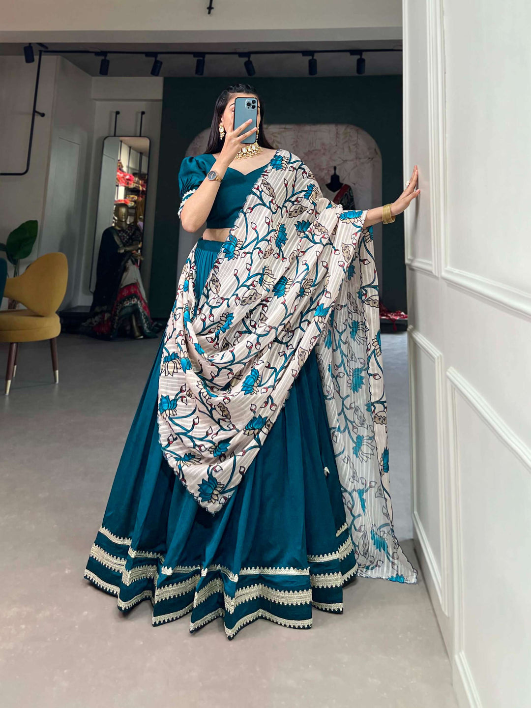 Beautiful turquoise blue lehenga set with off white printed dupatta - PAHRAVA