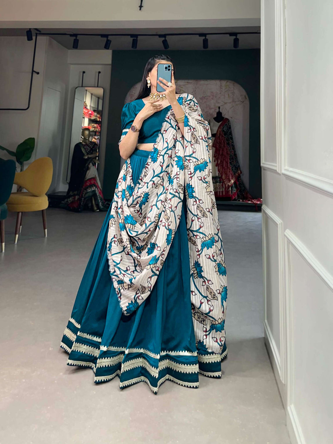 Beautiful turquoise blue lehenga set with off white printed dupatta - PAHRAVA