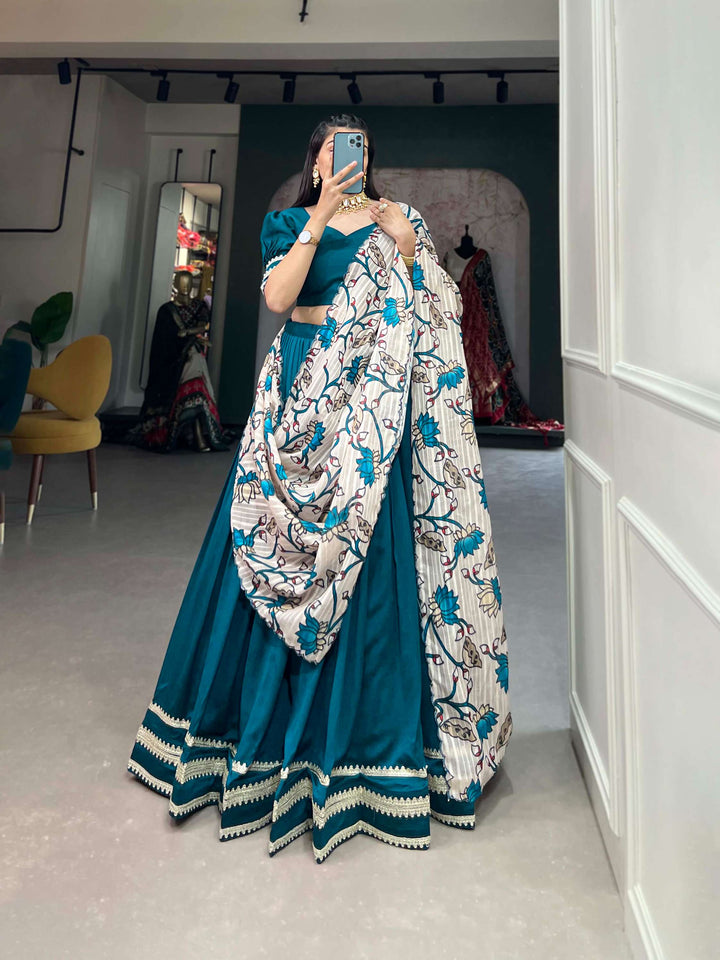 Beautiful turquoise blue lehenga set with off white printed dupatta - PAHRAVA