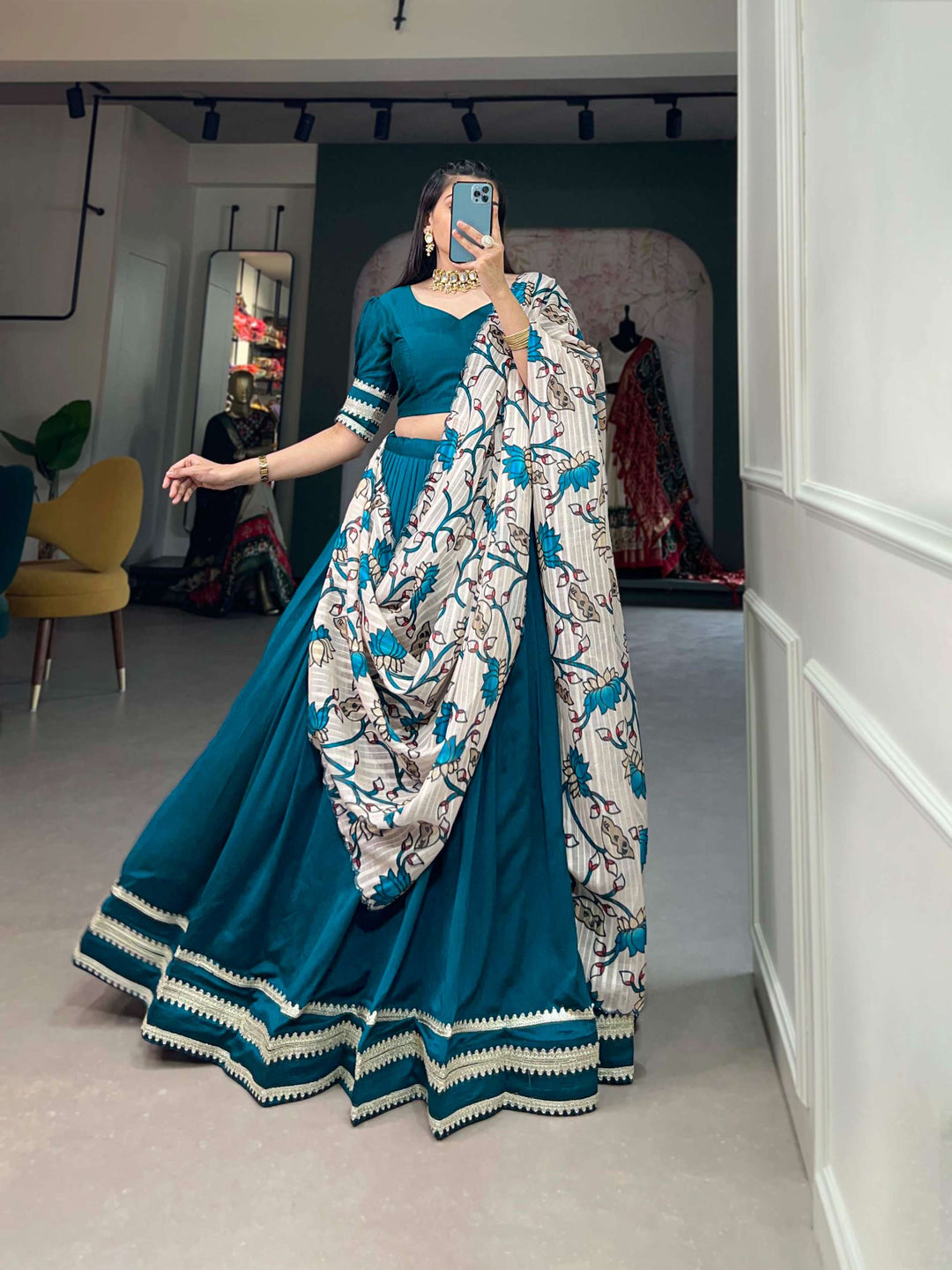 Beautiful turquoise blue lehenga set with off white printed dupatta - PAHRAVA