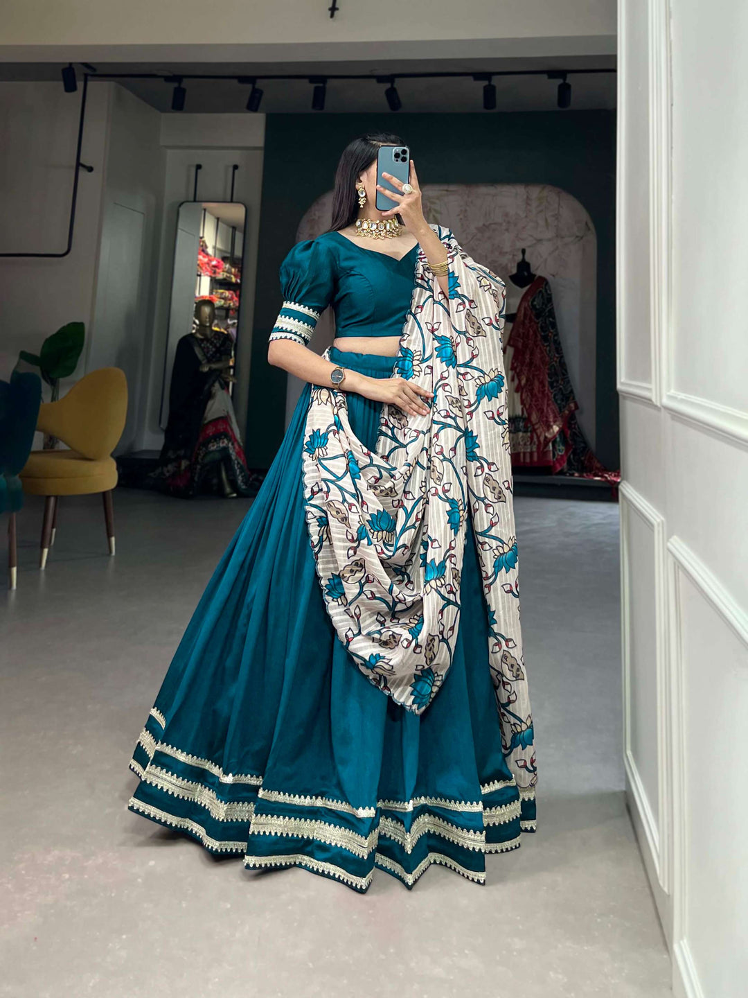 Beautiful turquoise blue lehenga set with off white printed dupatta - PAHRAVA