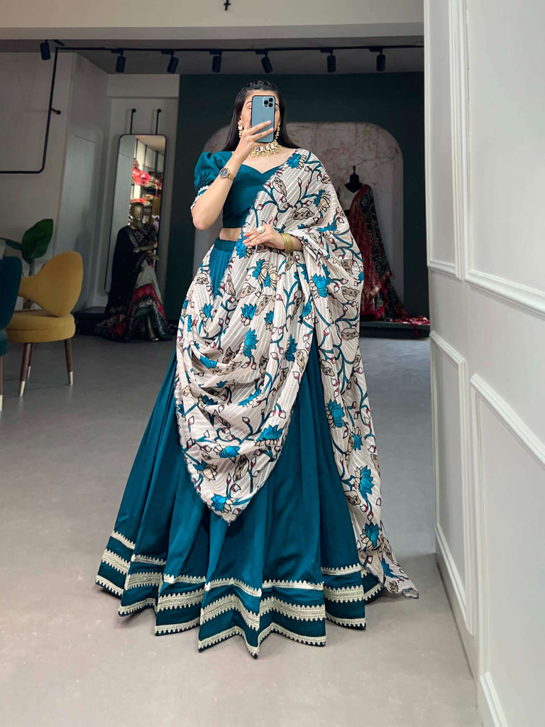 Beautiful turquoise blue lehenga set with off white printed dupatta - PAHRAVA