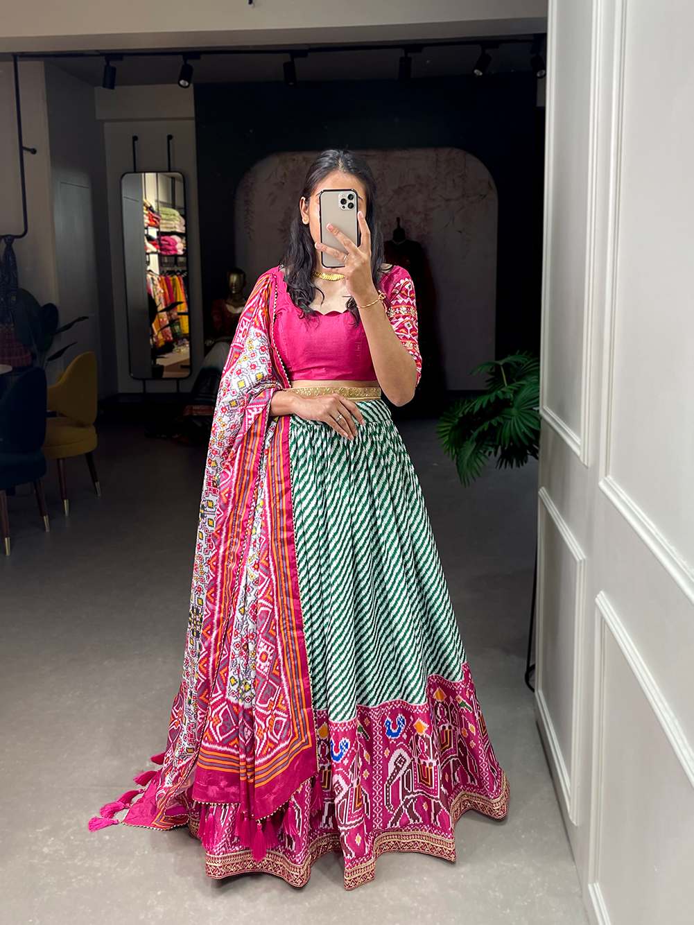 Hot pink with green lehriya - patola printed lehenga set - PAHRAVA