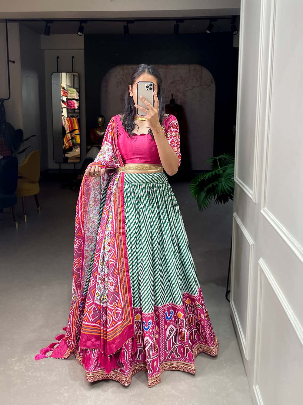 Hot pink with green lehriya - patola printed lehenga set - PAHRAVA