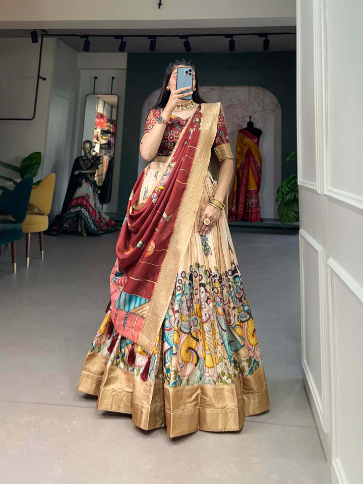 Cream with earth brown dola silk kalamkari print lehenga set - PAHRAVA