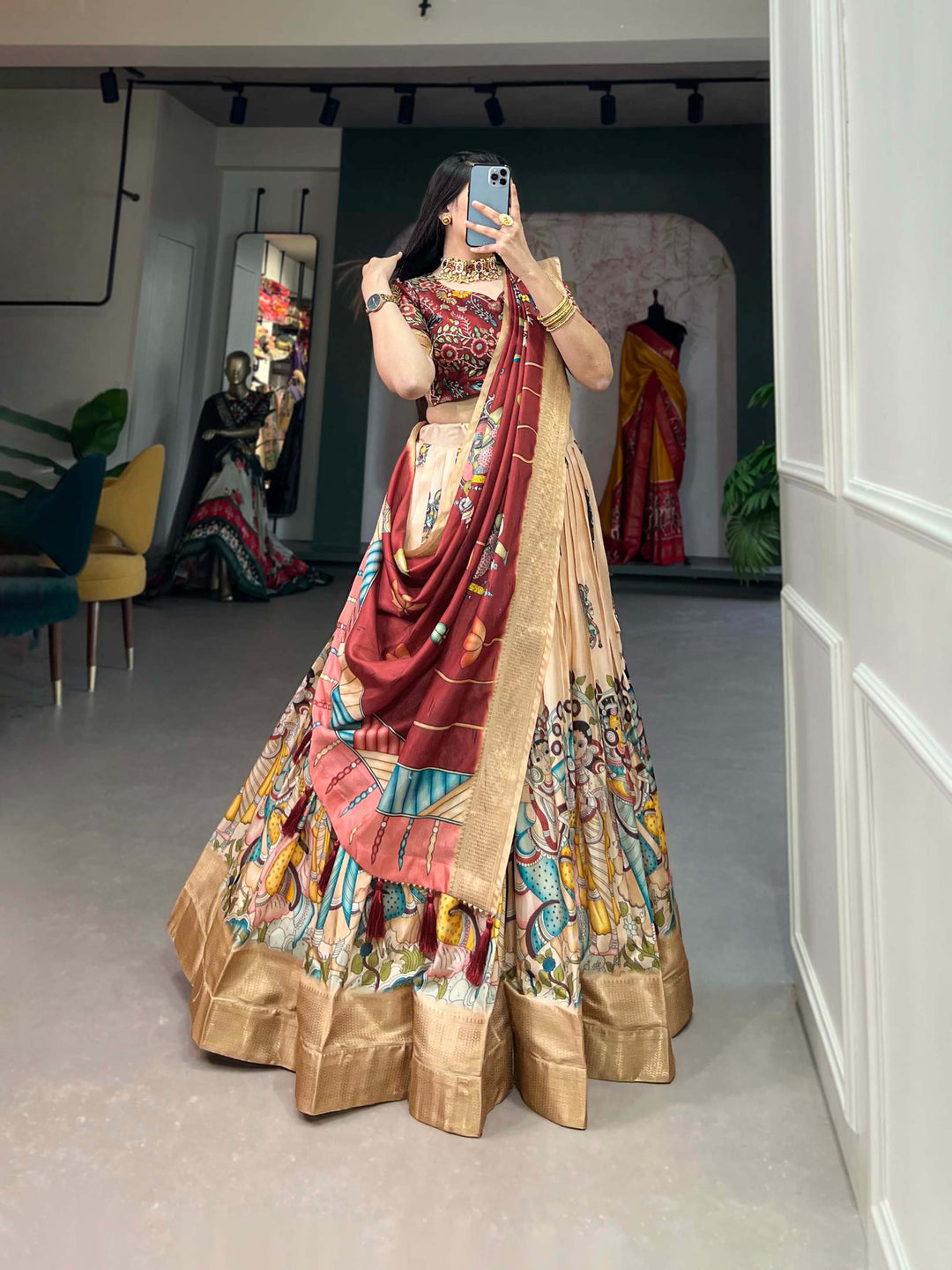 Cream with earth brown dola silk kalamkari print lehenga set - PAHRAVA