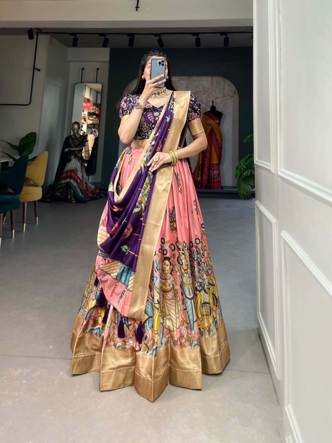 Peach with purple dola silk kalamkari print lehenga set - PAHRAVA