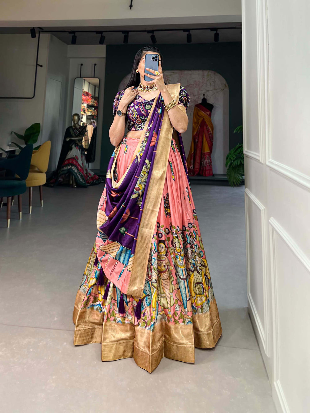 Peach with purple dola silk kalamkari print lehenga set - PAHRAVA